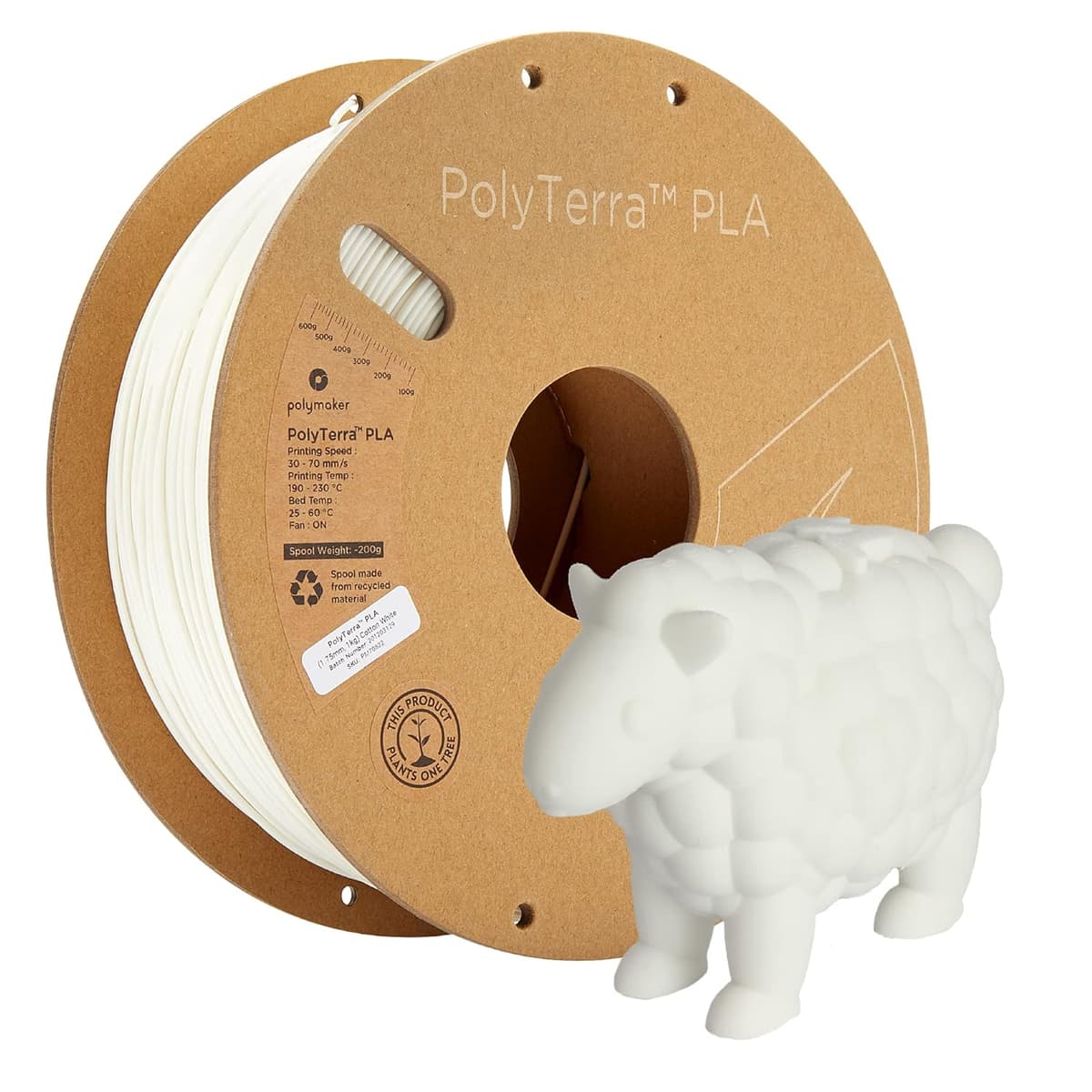 Polymaker PolyTerra Matte PLA Filament 1.75mm Cotton White - 1kg Carton Spool for 3D Printers